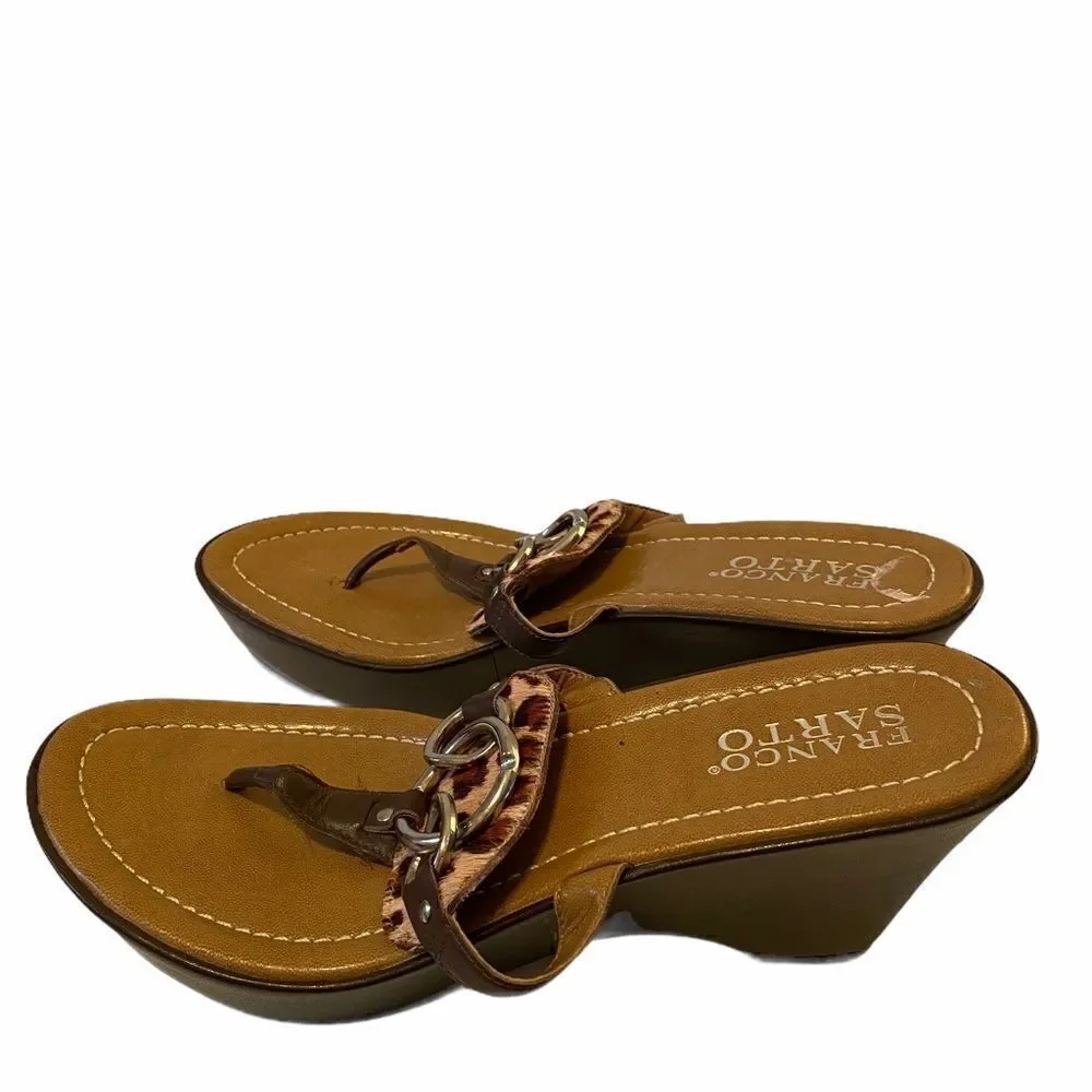 Franco Sarto Brown Wedge Thong Sandals w/ Leopard Print Pony Hair.